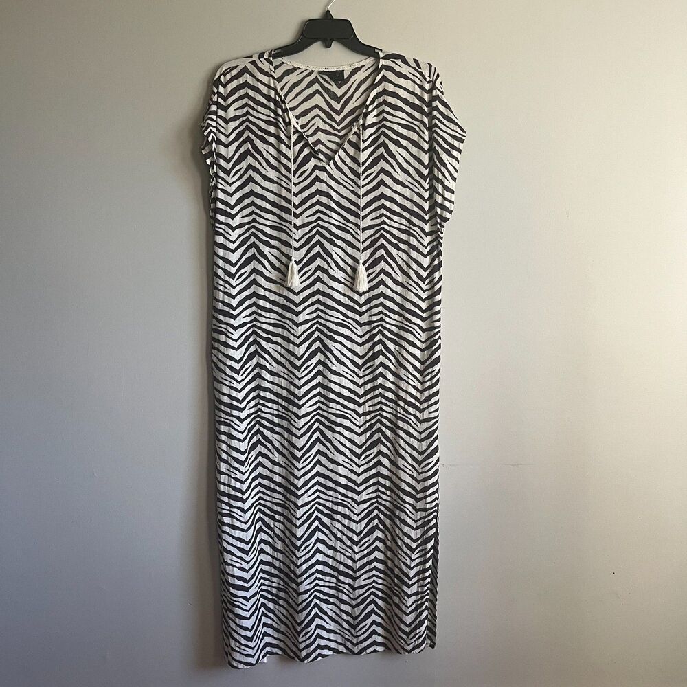 Tahari Linen Blend Maxi Caftan Dress Women's L Cream/Black Zebra Chevron Boho